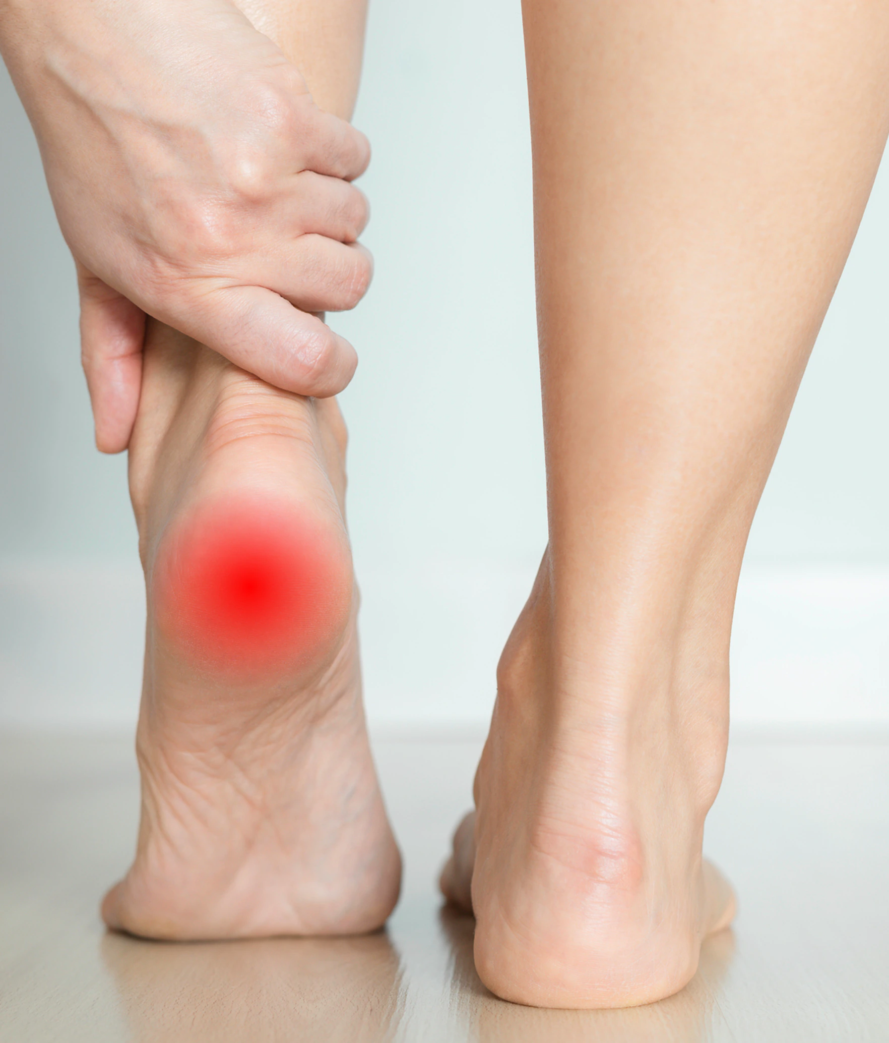 The underside of the heel, where heel pain is typically felt